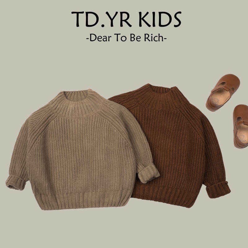 2024 new autumn and winter thick lazy style loose roll sleeves fashionable cute children's base knitted sweater