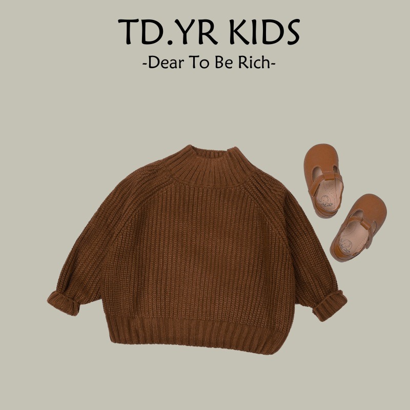 2024 new autumn and winter thick lazy style loose roll sleeves fashionable cute children's base knitted sweater