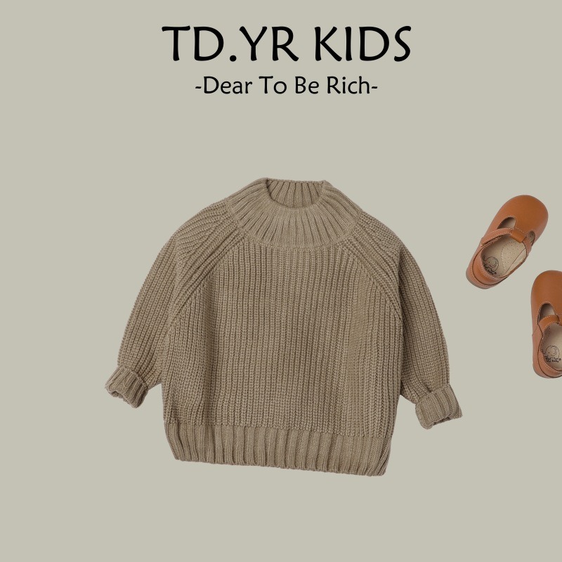 2024 new autumn and winter thick lazy style loose roll sleeves fashionable cute children's base knitted sweater