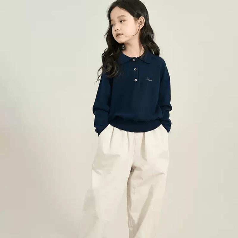 2024 Spring and Autumn Children's Lapel Polo Shirt Girls College Style Loose Embroidered Sweater