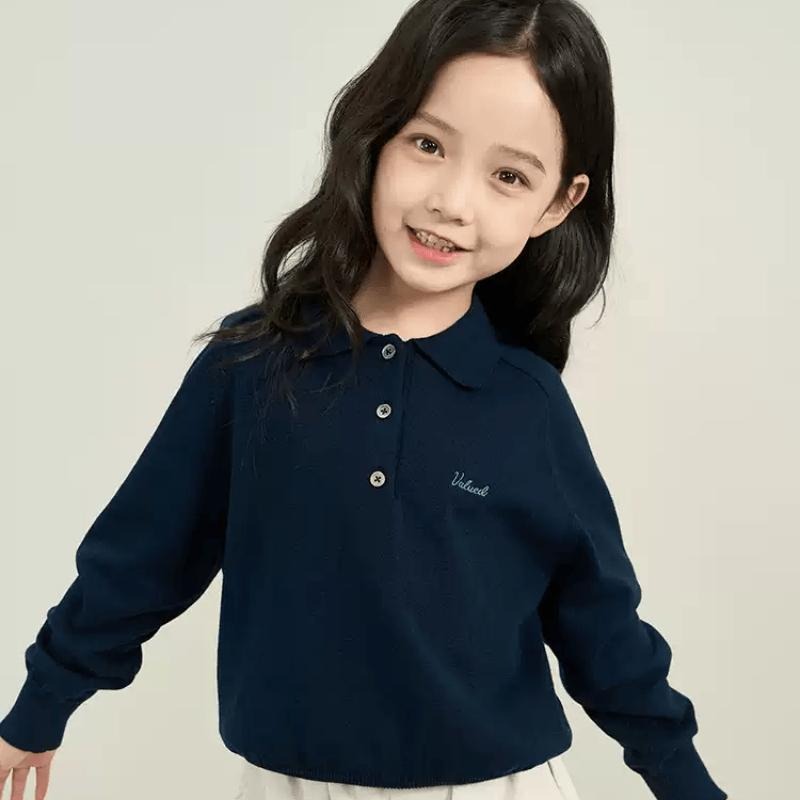 2024 Spring and Autumn Children's Lapel Polo Shirt Girls College Style Loose Embroidered Sweater