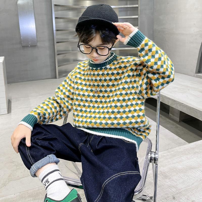 2024 Autumn and Winter Children's Winter Clothes Knitted Splicing Color Plaid Pattern Boys Winter Thickened Western Style Sweater