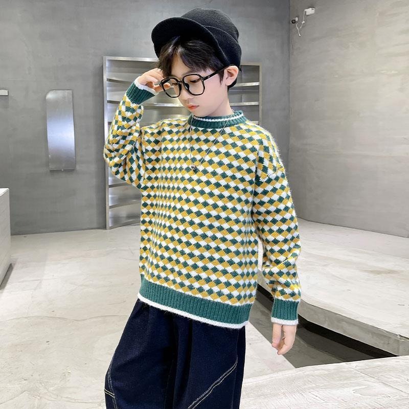 2024 Autumn and Winter Children's Winter Clothes Knitted Splicing Color Plaid Pattern Boys Winter Thickened Western Style Sweater