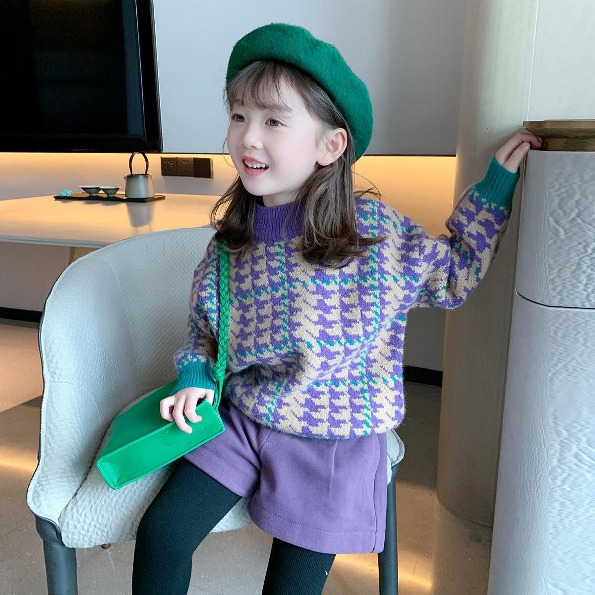 Children's knitted sweater 2024 winter new style girls' stylish pullover bottom Korean version thickened top