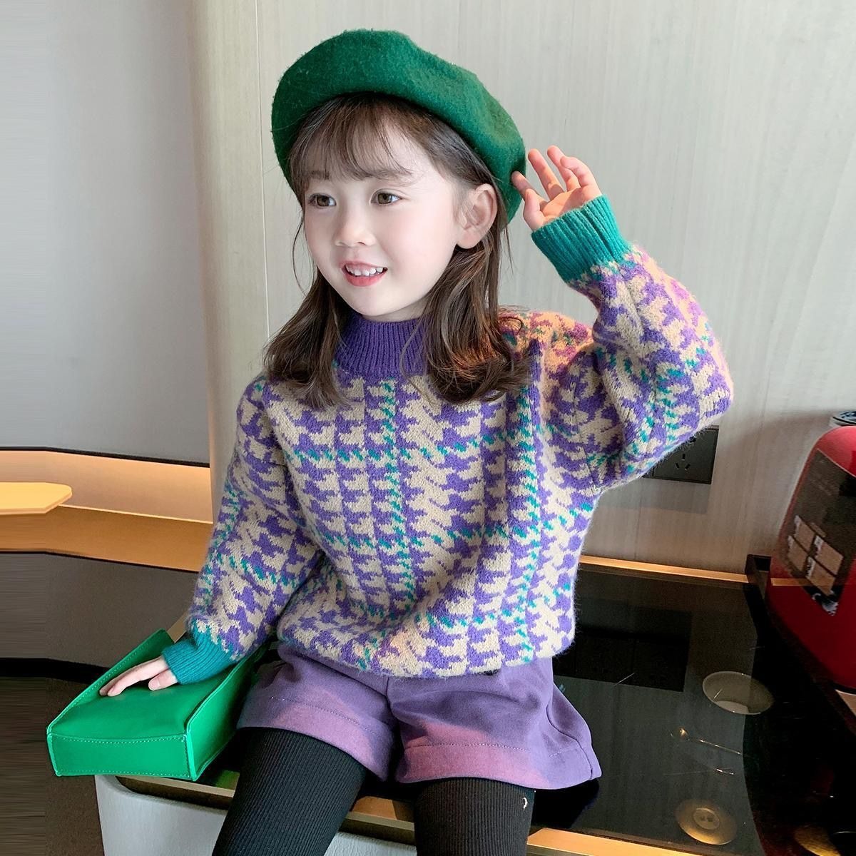 Children's knitted sweater 2024 winter new style girls' stylish pullover bottom Korean version thickened top