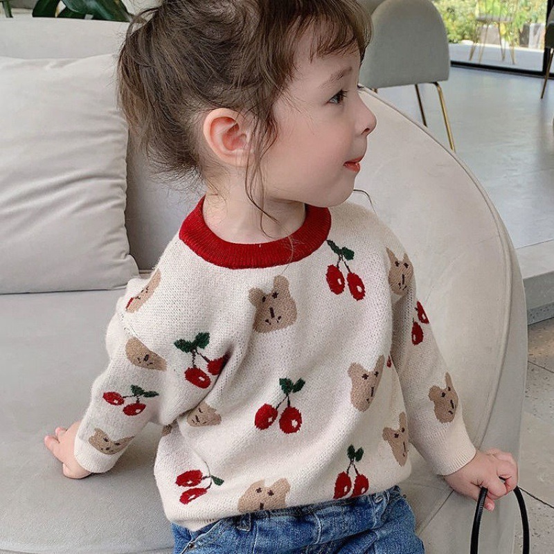 2024 new Korean version autumn and winter outerwear for girls one-piece velvet plus velvet thickened cherry pattern pullover knitted sweater