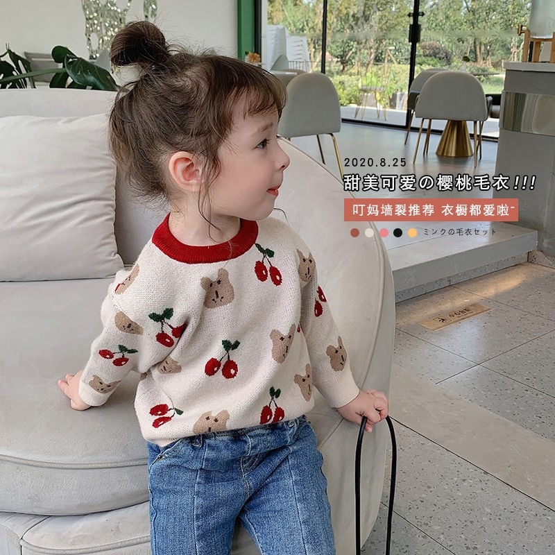 2024 new Korean version autumn and winter outerwear for girls one-piece velvet plus velvet thickened cherry pattern pullover knitted sweater