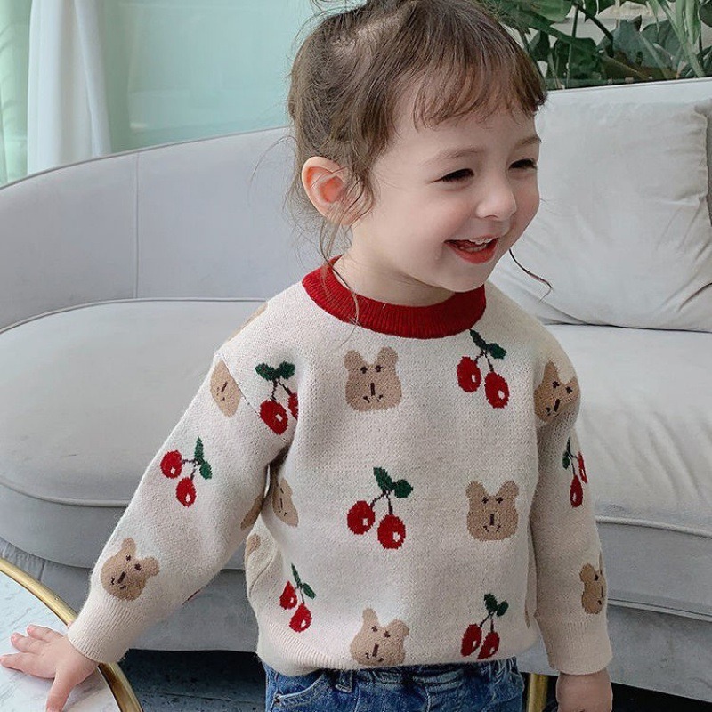 2024 new Korean version autumn and winter outerwear for girls one-piece velvet plus velvet thickened cherry pattern pullover knitted sweater