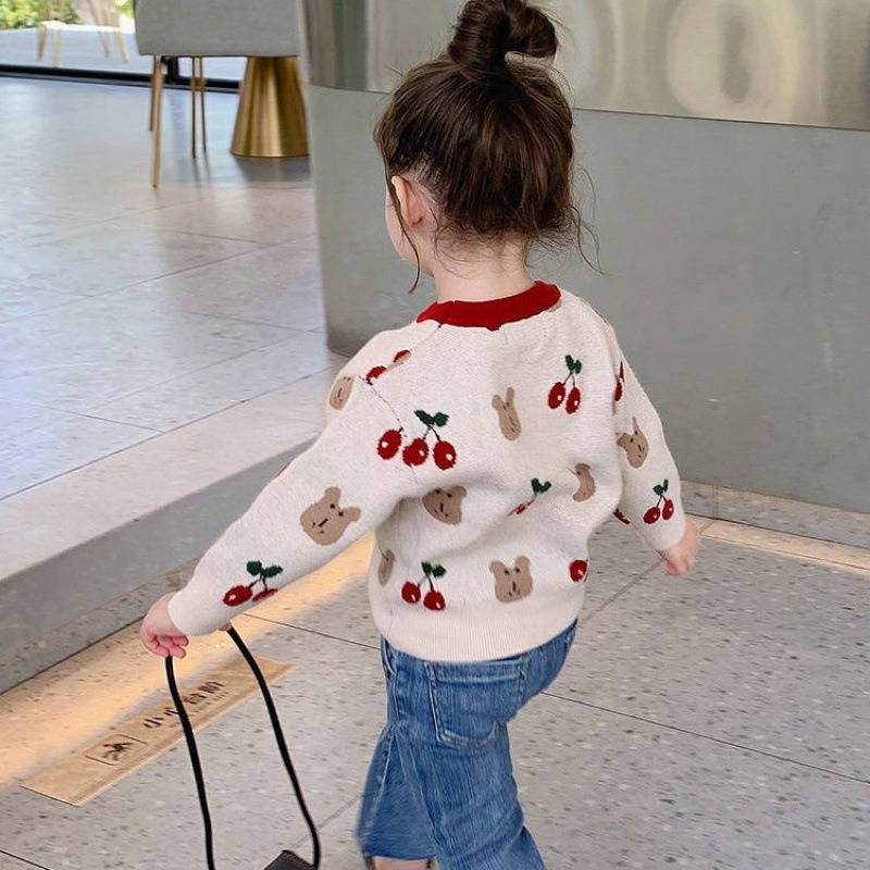 2024 new Korean version autumn and winter outerwear for girls one-piece velvet plus velvet thickened cherry pattern pullover knitted sweater