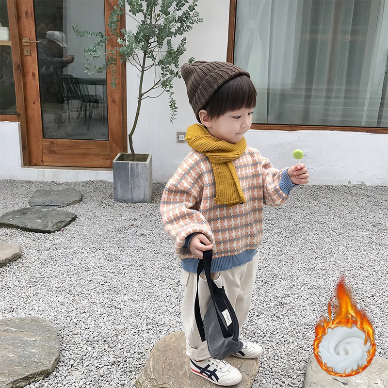 2024 New Korean Baby Sweater Children's Striped Single Velvet Pullover Sweater