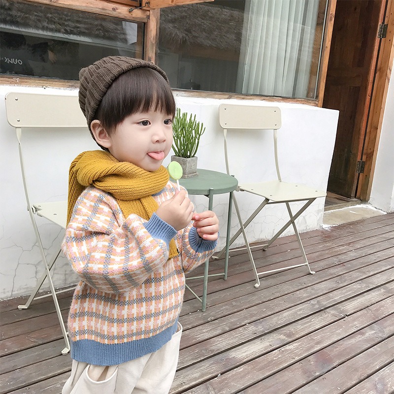 2024 New Korean Baby Sweater Children's Striped Single Velvet Pullover Sweater