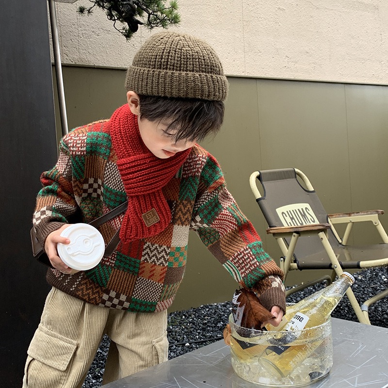 2024 Autumn and Winter Boys Colorblock Fashionable Thickened Knitted Sweater for Middle and Large Children
