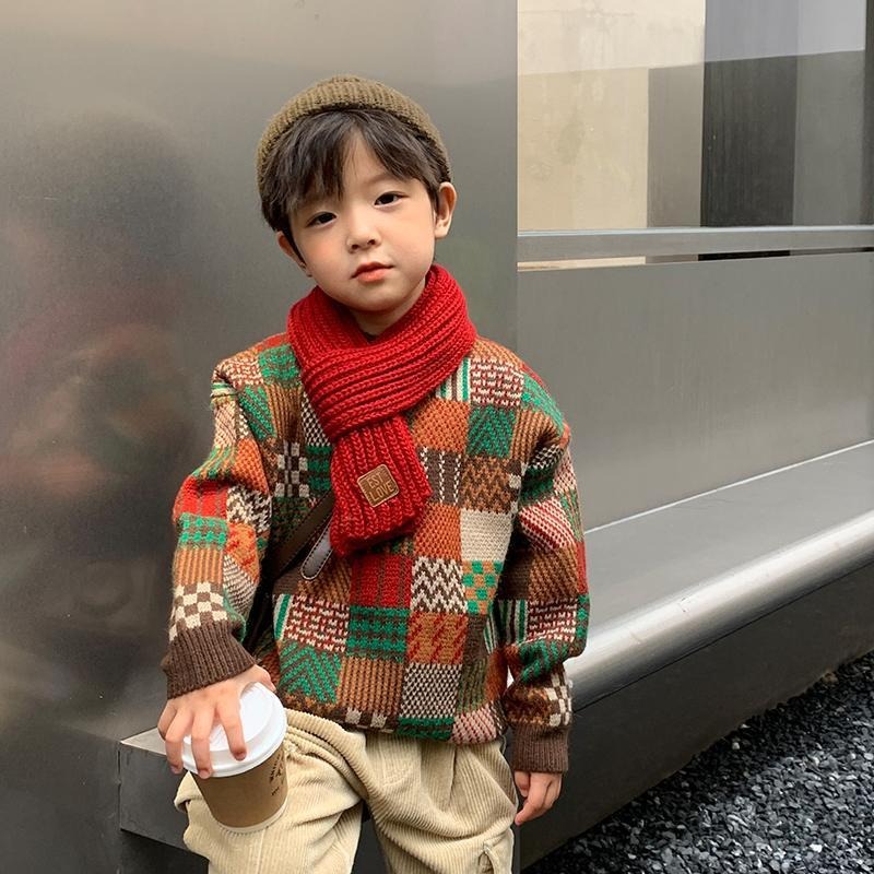 2024 Autumn and Winter Boys Colorblock Fashionable Thickened Knitted Sweater for Middle and Large Children