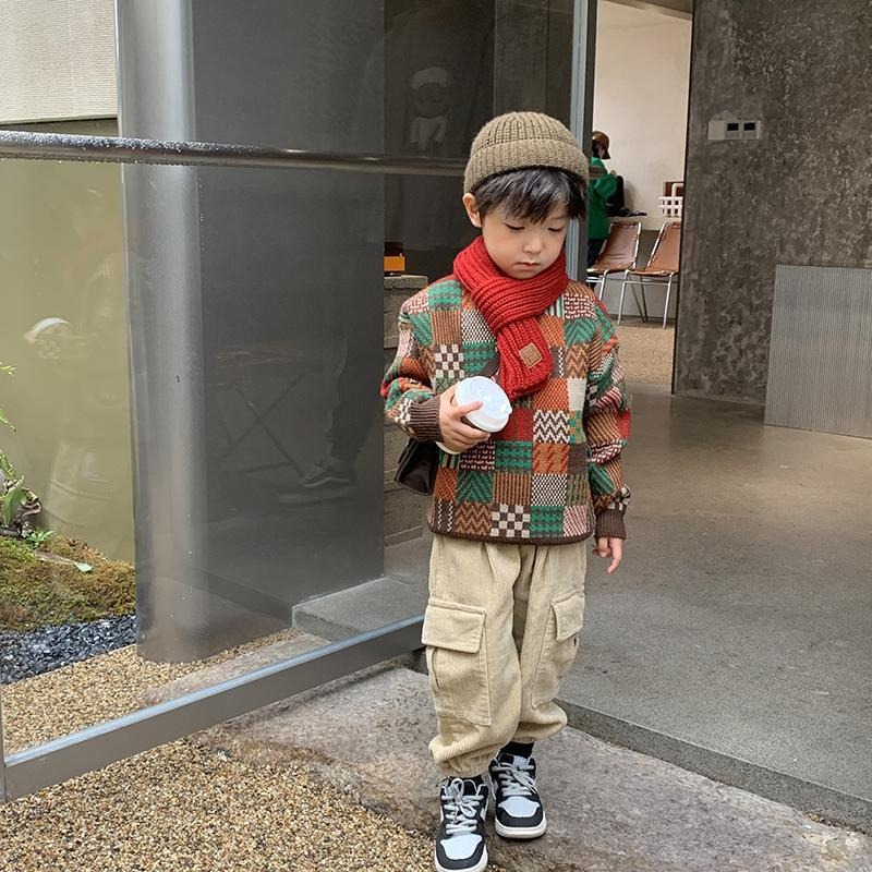 2024 Autumn and Winter Boys Colorblock Fashionable Thickened Knitted Sweater for Middle and Large Children