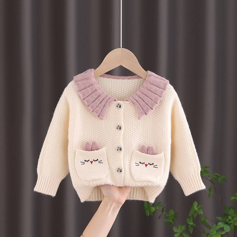 2024 New Autumn Clothing Girls Korean Style Internet Celebrity Jacket Infant Double Pocket Knitted Cardigan Top