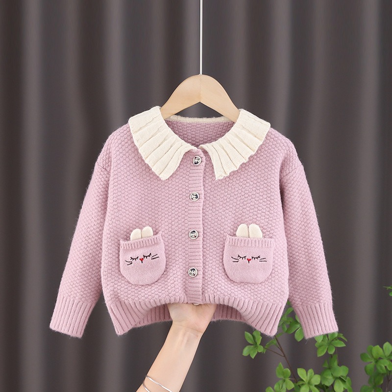 2024 New Autumn Clothing Girls Korean Style Internet Celebrity Jacket Infant Double Pocket Knitted Cardigan Top