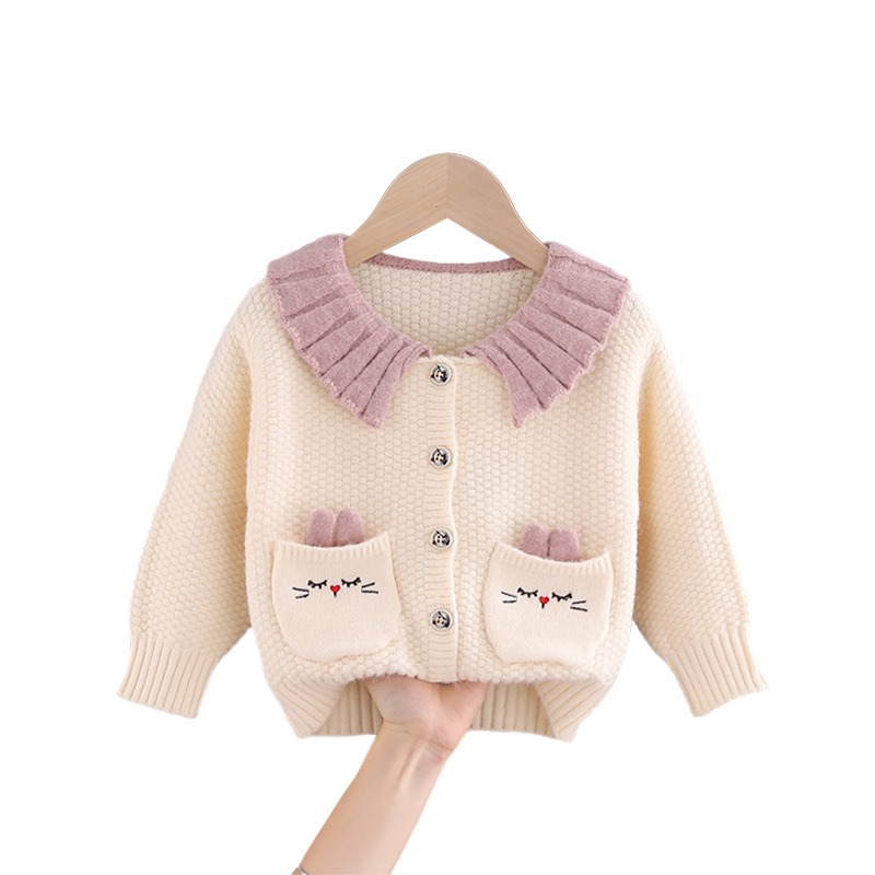 2024 New Autumn Clothing Girls Korean Style Internet Celebrity Jacket Infant Double Pocket Knitted Cardigan Top