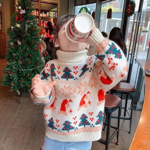 2024 new thickened pullover baby stylish winter high collar children Christmas knitted sweater