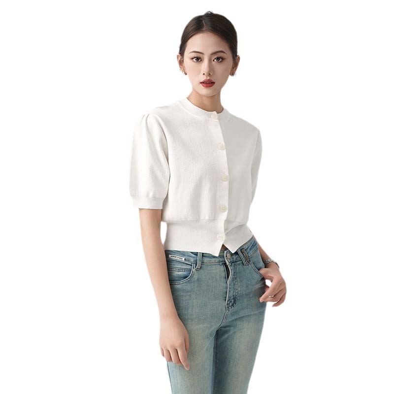 White O Neck Cotton Short Sleeve Cardigan Outfit