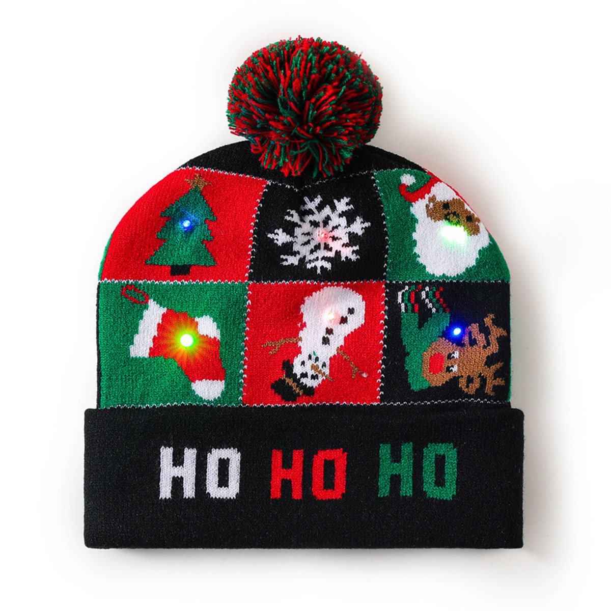 Black 6 Cute Pattern Knitted Christmas Hat with LED Light 