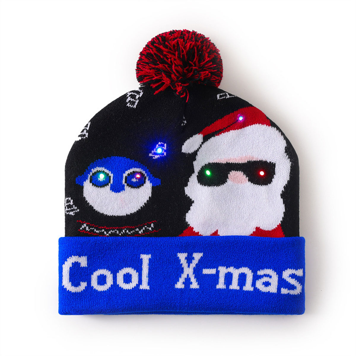 Black Blue Cool XMAS Pattern Knitted Christmas Hat with LED Light 