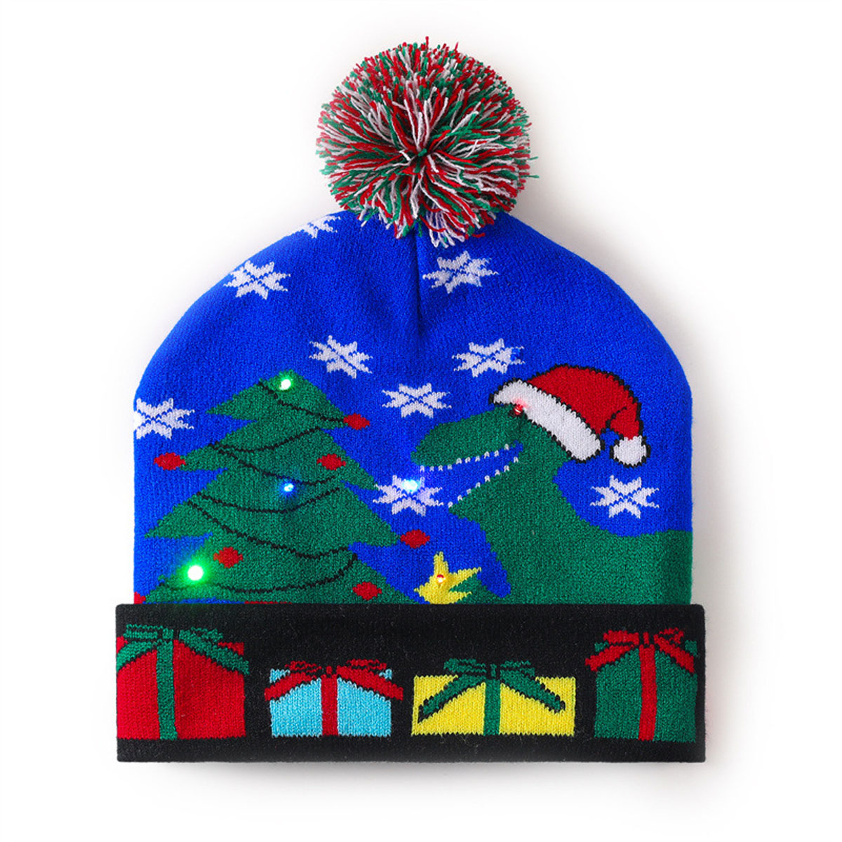 Blue Dinosaur Pattern Christmas LED Knitted Hat