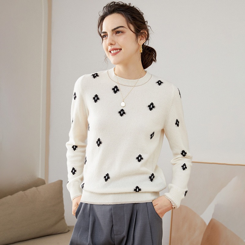 Women's Round Neck Jacquard 100 Cashmere Sweater  Women