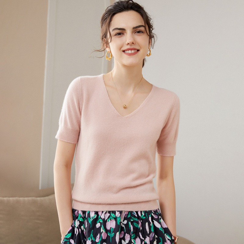 Cashmere V-neck Sweater Women's Summer Short Sleeve Elegant Knitted Bottoming Shirt
