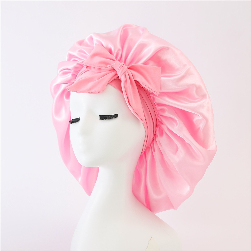 Ribbon round hat with bow imitation silk beauty hair care wide-brimmed hat women's headscarf satin nightcap