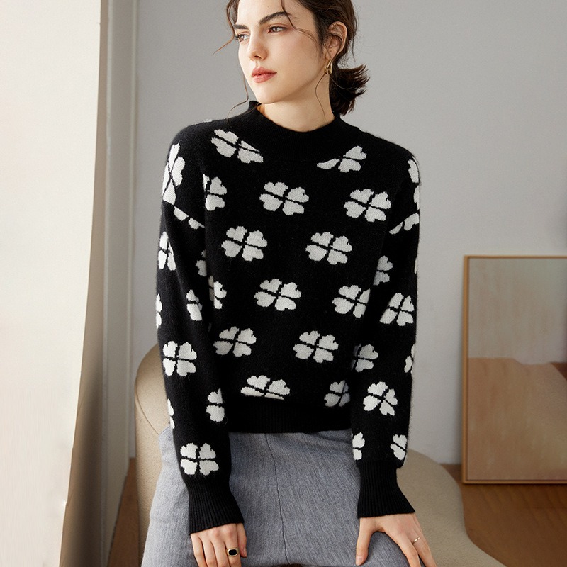 New Autumn And Winter Petal Jacquard Half Turtleneck Long- Sleeved Pullover Ladies Cashmere Sweaters