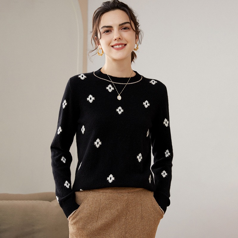 Women's Round Neck Jacquard 100 Cashmere Sweater  Women