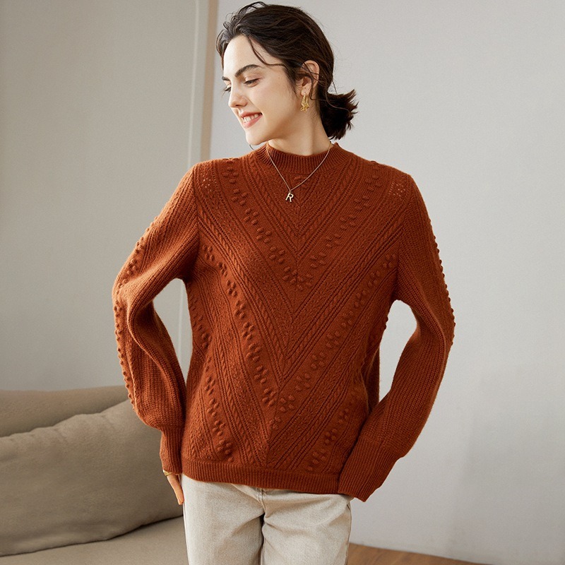 Autumn And Winter Half Turtleneck Three- Dimensional Jacquard Hollow Women's Sweater Sweater 100 Cashmere
