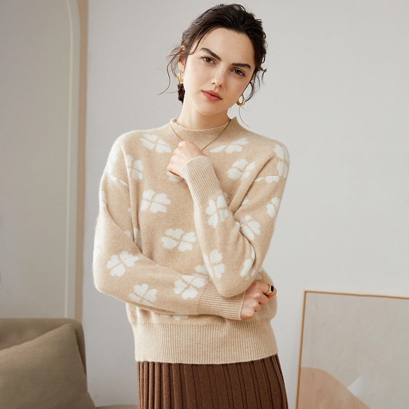 New Autumn And Winter Petal Jacquard Half Turtleneck Long- Sleeved Pullover Ladies Cashmere Sweaters
