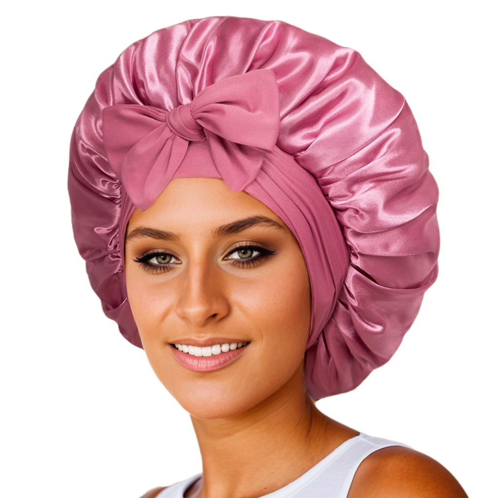 Round hat with ribbon and bow imitation silk beauty hair care wide-brimmed hat for women headscarf sleeping cap