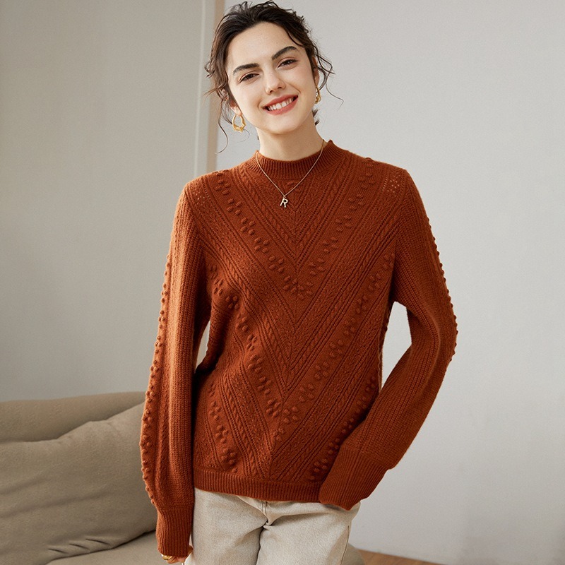 Autumn And Winter Half Turtleneck Three- Dimensional Jacquard Hollow Women's Sweater Sweater 100 Cashmere