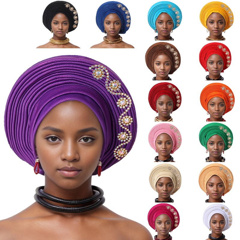 New style diamond heavy-duty bright silk laminated straps Nigerian wedding party auto gel baotou hat