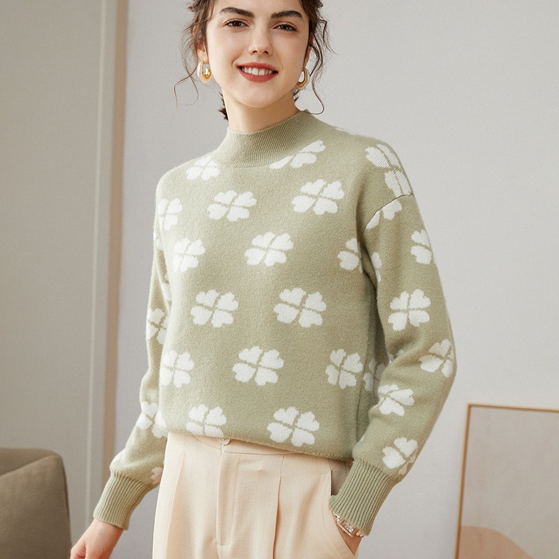 New Autumn And Winter Petal Jacquard Half Turtleneck Long- Sleeved Pullover Ladies Cashmere Sweaters