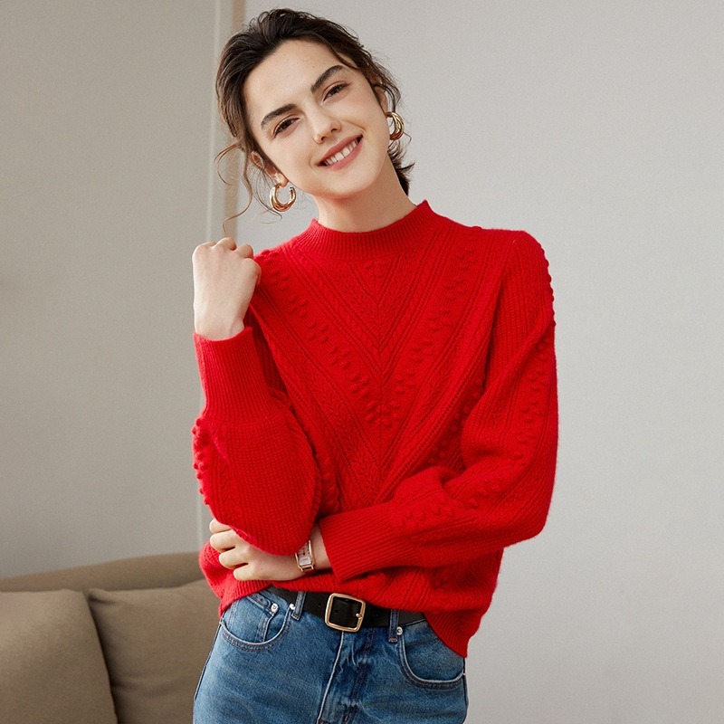 Autumn And Winter Half Turtleneck Three- Dimensional Jacquard Hollow Women's Sweater Sweater 100 Cashmere