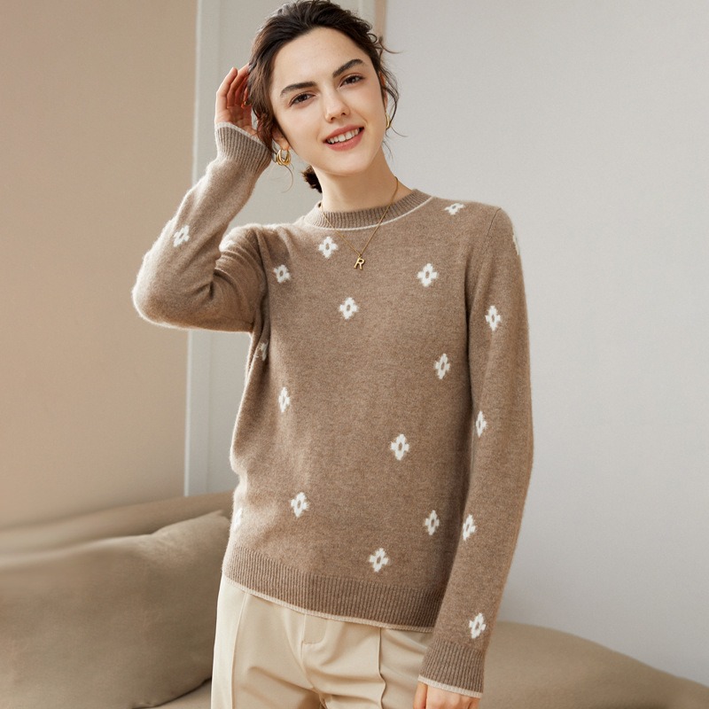 Women's Round Neck Jacquard 100 Cashmere Sweater  Women