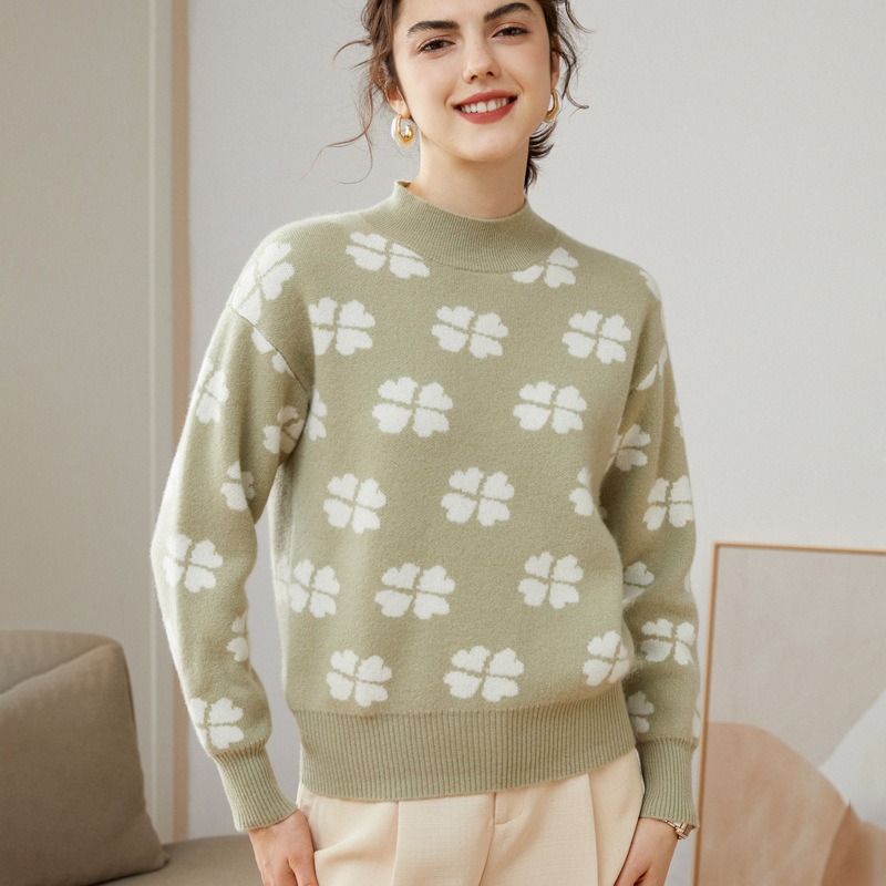 New Autumn And Winter Petal Jacquard Half Turtleneck Long- Sleeved Pullover Ladies Cashmere Sweaters