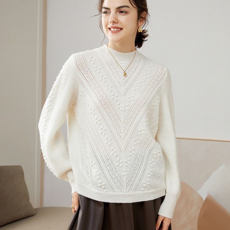 Autumn And Winter Half Turtleneck Three- Dimensional Jacquard Hollow Women's Sweater Sweater 100 Cashmere