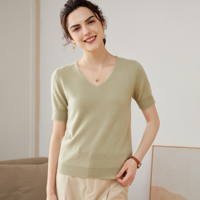 Cashmere V-neck Sweater Women's Summer Short Sleeve Elegant Knitted Bottoming Shirt