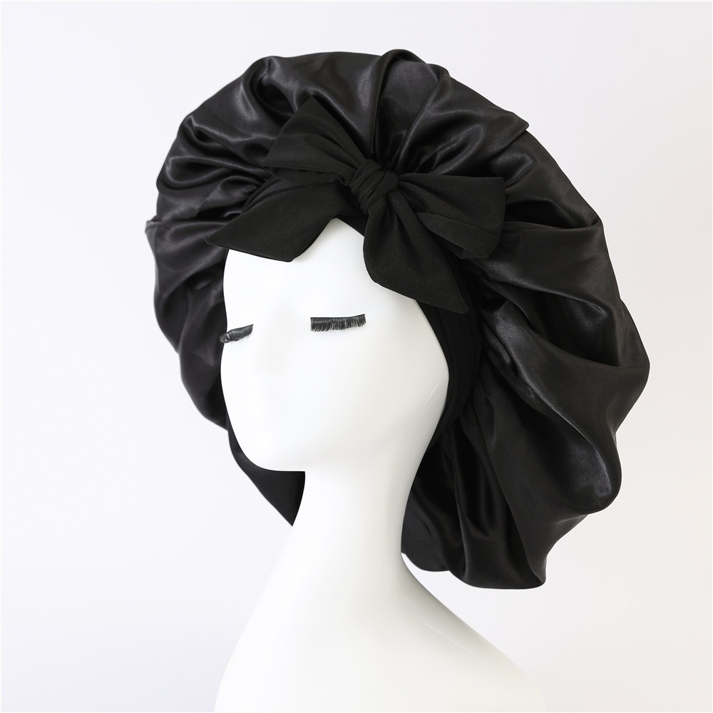 Round hat with ribbon and bow imitation silk beauty hair care wide-brimmed hat for women headscarf sleeping cap
