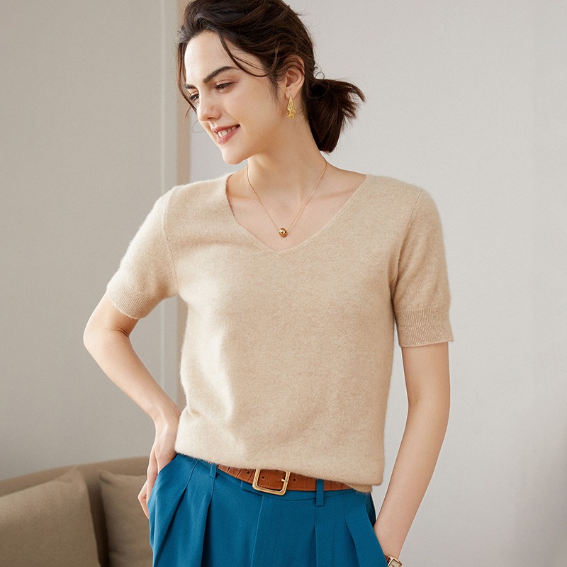 Cashmere V-neck Sweater Women's Summer Short Sleeve Elegant Knitted Bottoming Shirt