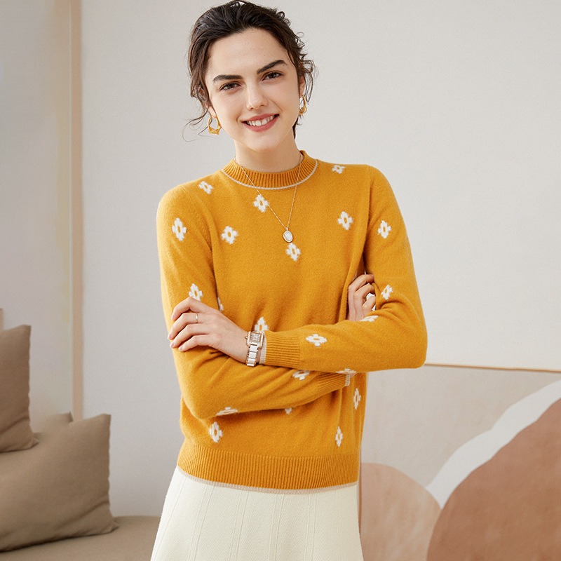 Women's Round Neck Jacquard 100 Cashmere Sweater  Women