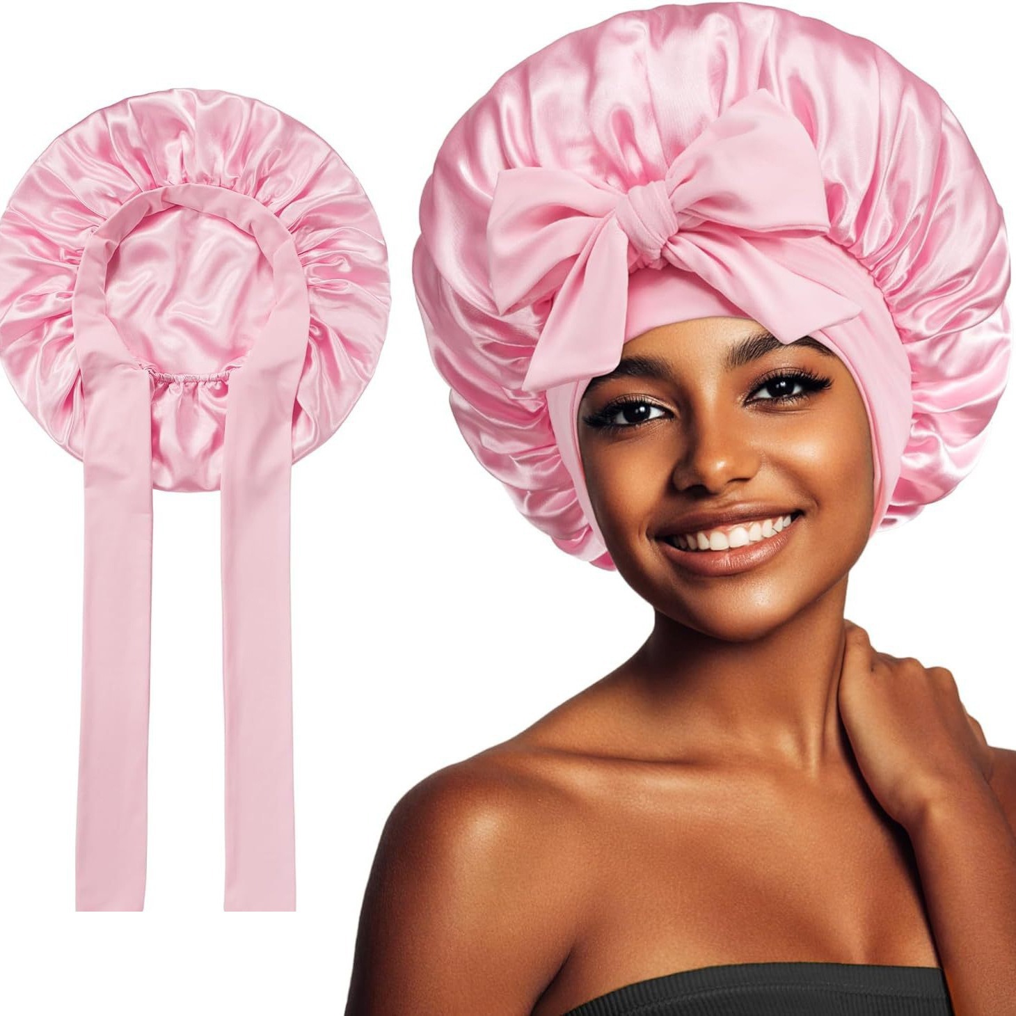 Ribbon round hat with bow imitation silk beauty hair care wide-brimmed hat women's headscarf satin nightcap