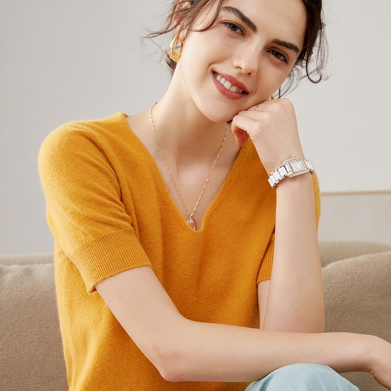 Cashmere V-neck Sweater Women's Summer Short Sleeve Elegant Knitted Bottoming Shirt