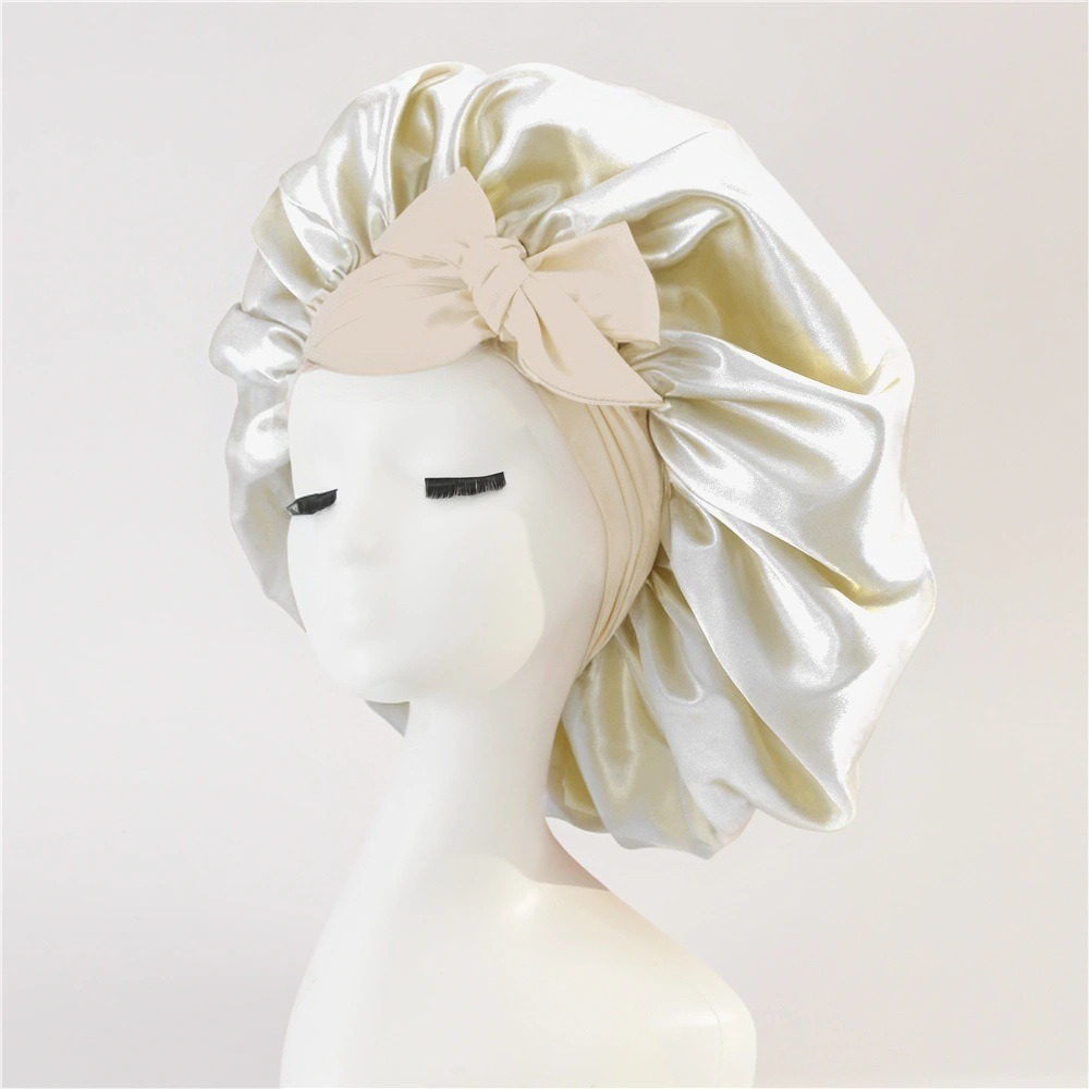 Ribbon round hat with bow imitation silk beauty hair care wide-brimmed hat women's headscarf satin nightcap