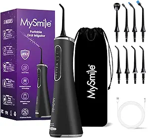 MySmile LP211 Cordless Advanced Water Flossers for Teeth, 5 Cleaning Modes Rechargeable Power Dental Flosser 8 Replacement Jet Tips IPX 7 Waterproof Dental Irrigador with Portable Travel Storage Pouch