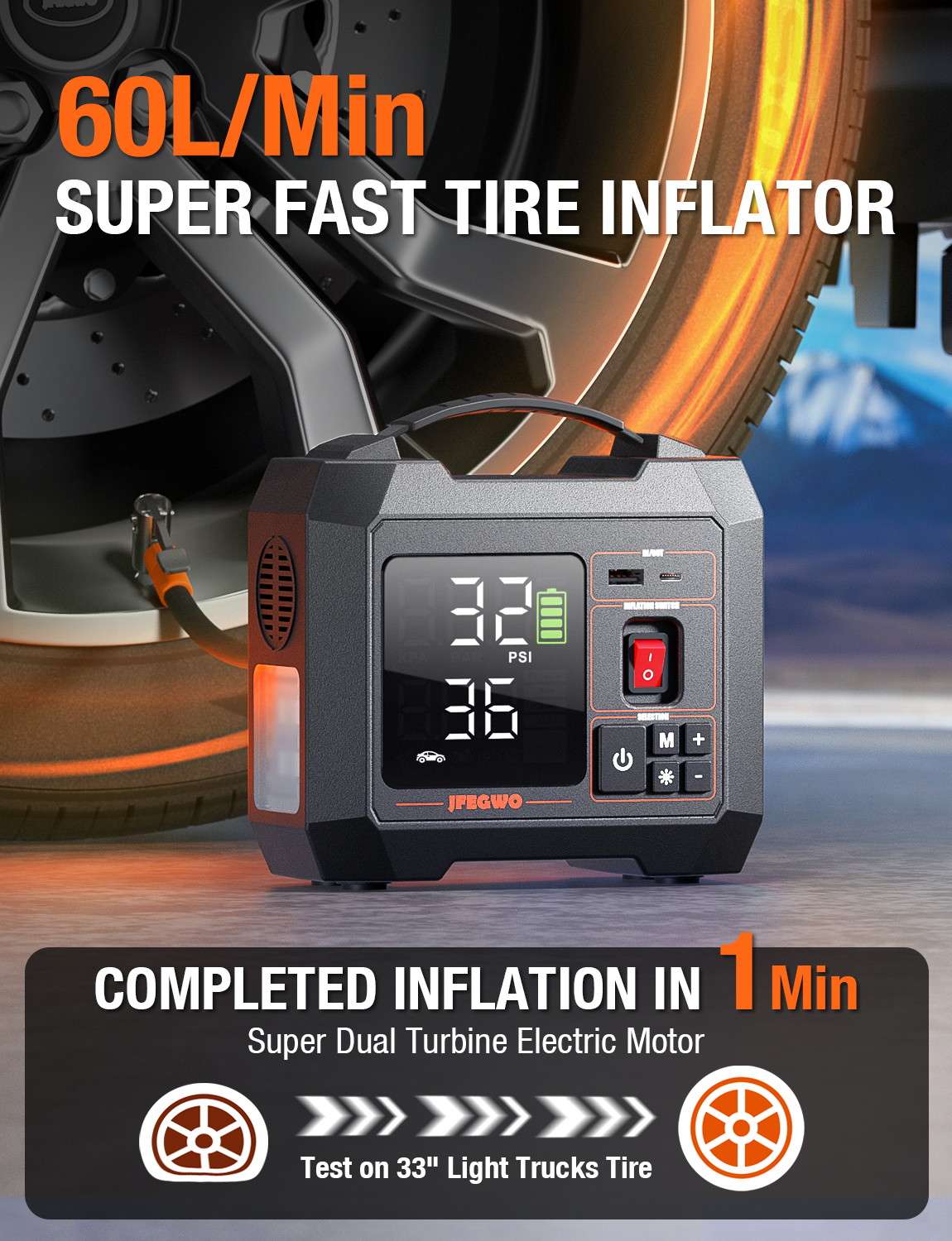 SuperFast Tire Inflator heavy duty Cordless Air Compressor 300PSI car, van truck
